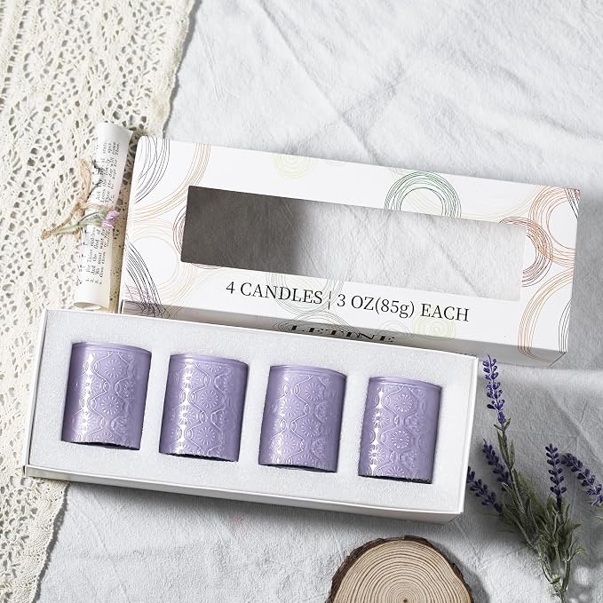 LETINE 12oz Lavender Aromatherapy Candle Gift Set - 4 Pack Soy Wax Candles with 24H Burn Time, All Natural Scented Candles for Relaxation, Bath Yoga Spa, Birthday Valentine's Gifts for Women