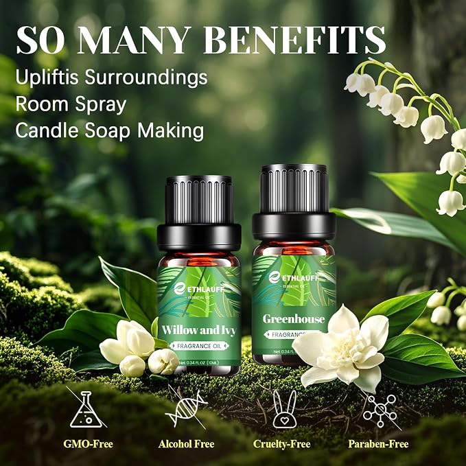 Spring Fragrance Oils Set, Essential Oils for Diffuser for Home, Candle Sopa Making - Enchanted Forest, Willow and Ivy, Clover and Aloe, Fresh Bamboo, Scented Oil Gift Set