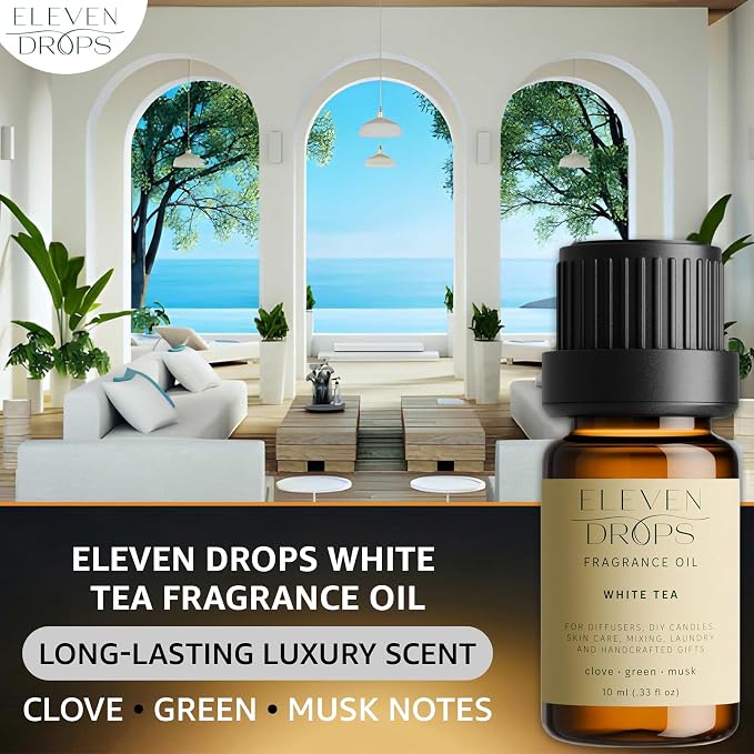 White Tea Fragrance Oil | Clove, Green & Musk Notes | Long Lasting Scent Reed Diffuser Oil for Home, Office, Hotel, Spa, Car & Linen Spray | Pet Friendly IFRA Compliant, 10 ml