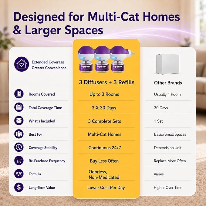 TopSum Cat Calming Pheromone Diffuser: Feline Pheromones Plug in for Stress, Alone At Home, Spraying, Fighting, Scratching, Aggression & Excessive Meowing (3 Diffusers + 3 Refills)