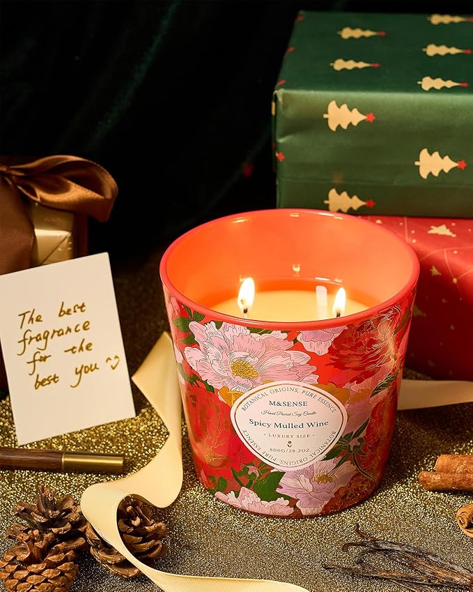 M&SENSE Spicy Mulled Wine Scented Candle, 28.2oz 3 Wick Natural Soy Wax Large Candles, Long Lasting Clean Slow Burning No Toxic Décor for Home Relaxation, Romantic Dates & Gift-Giving