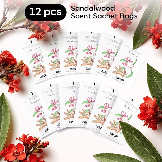 MYARO 12 Pack Sandalwood Scented Sachets for Drawer, Closet & Small Spaces Air Freshener Bags, Odor Eliminator for Clothes, Car, Wardrobe, Home Fragrance Gift Set