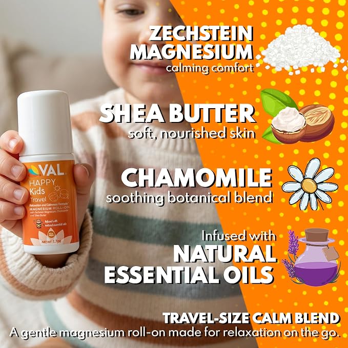 VAL Happy Kids Travel Magnesium Roll-On, Relaxation & Calmness Formula for Kids, Zechstein® Magnesium with Chamomile & Shea Butter, Topical Roll-On, 1.7 oz