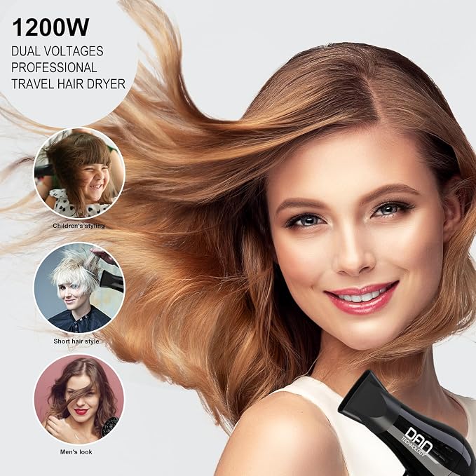 DAN Technology Auto Dual Voltage Hair Dryer,Hair Blow Dryer,Folding hairdryer for Travel,Small Blower with Multi-Function Plug Adapter,Compact Hair Dryer with Diffuser & Concentrator