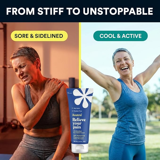 ASUTRA Muscle Pain Relief Cream, Cooling Menthol with Moisturizing Magnesium and Arnica Montana Oil, 3.4 oz