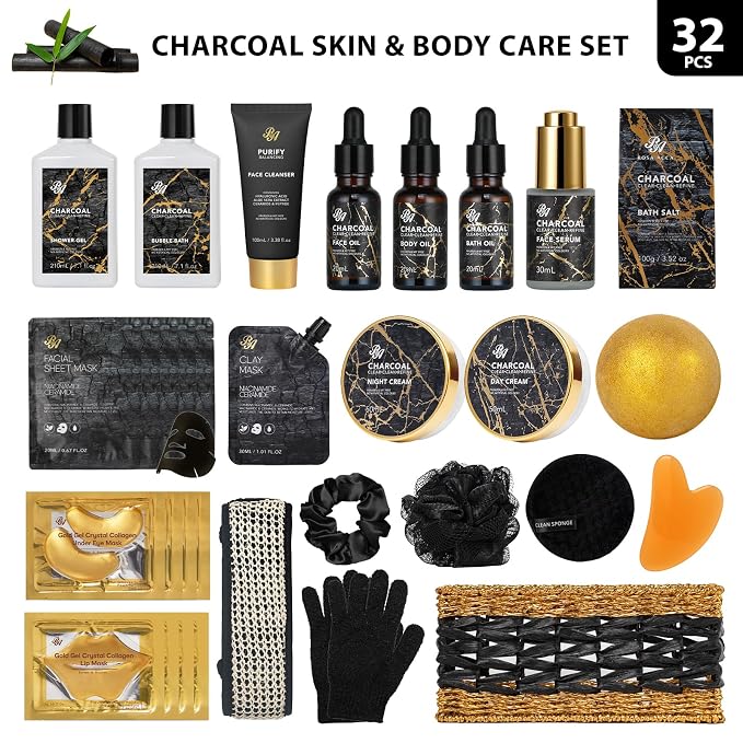 Gifts for Women & Men, Charcoal 32 Pcs Bath & Body Gift Basket for Women & Men, Hydrating Face Skin Care Set, Self-Care Relaxation Basket Gifts, Bath Bomb, Birthday, Christmas, Anniversary, Dad, Mom