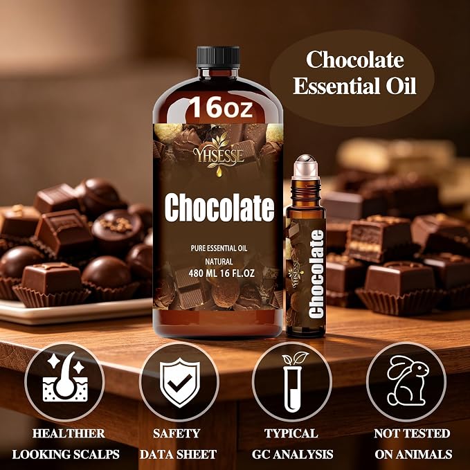Chocolate Essential Oil, Chocolate Oil 16 Fl Oz 480ml for Diffuser Yoga Soap & Candle Making – with 0.33 Oz Roller Ball & Funnel YHSESSE Essential Oils