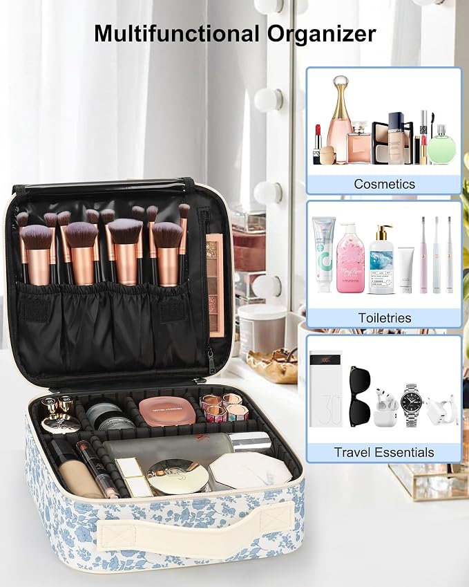 Relavel Travel Makeup Case, Professional Makeup Artist Makeup Bag, Portable Makeup Train Case Organizer with Adjustable Dividers, Cute Cosmetic Bags Birthday Gifts for Girls and Women, Floral Print