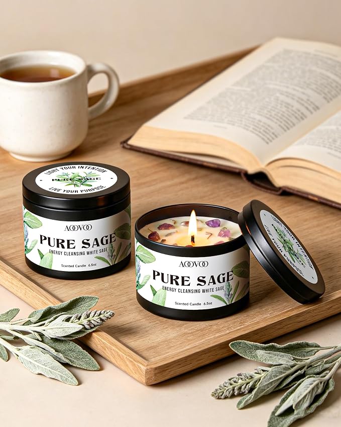 AOOVOO 2 Pack Sage Candles - Cleansing Candle with Crystals & Sage Leaves Inside, 13oz 100 Hours Long Lasting, Non Toxic Candle for Spiritual House Energy Meditation Yoga