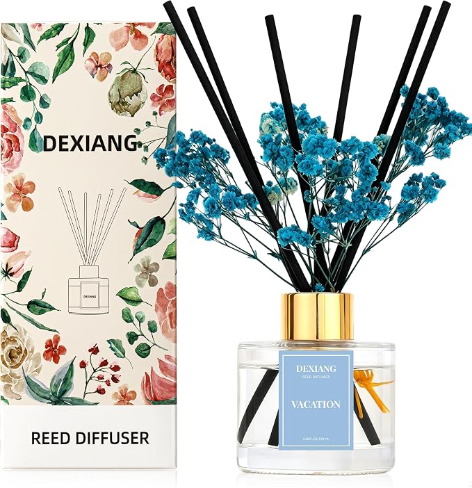 Reed Diffuser Set, 3.38 fl oz (100ml) Vacation Scent Oil Diffuser with 6 Reed Sticks, Natural Home Fragrance Reed Diffuser for Bathroom, Bedroom, Living Room Shelf Decor