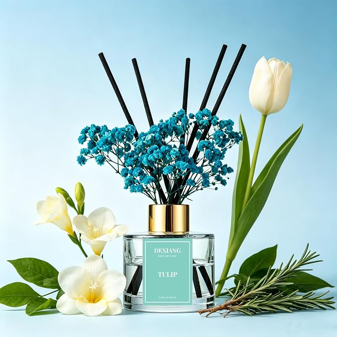 Reed Diffuser Set, 3.38 fl oz (100ml) Tulip Scent Oil Diffuser with 6 Reed Sticks, Natural Home Fragrance Reed Diffuser for Bathroom, Bedroom, Living Room Shelf Decor