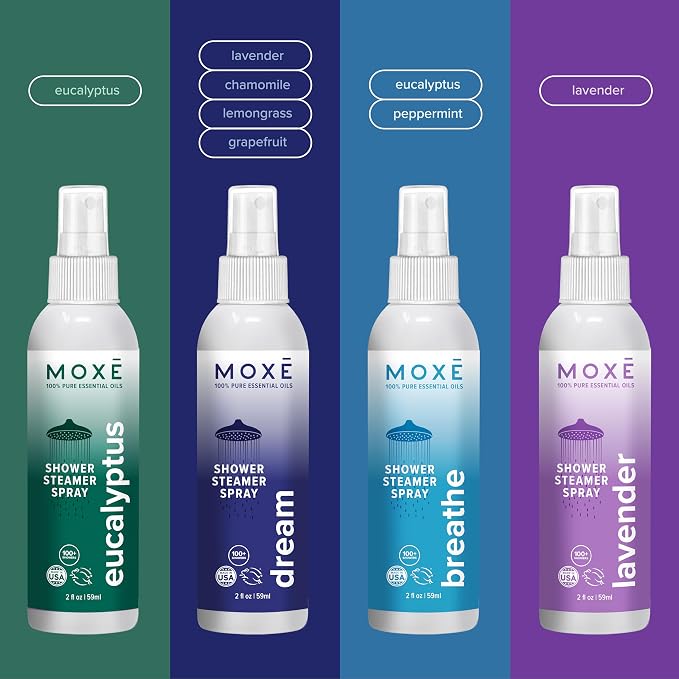 MOXE Aromatherapy Shower Mist Variety Pack, Eucalyptus, Lavender, Breathe and Dream, Spa Steam Spray, Natural 100% Essential Oils, Made in USA, Aromatherapy, Sinus Congestion Relief, 4 Pack (8oz)