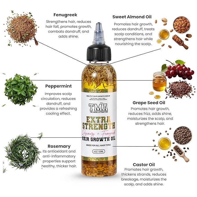 The Mane Attraction Extra-Strength Herbal Hair Growth Oil, Rosemary & Fenugreek Blend, Castor & Vitamin E Infusion, Scalp-Nourishing for All Hair Types, 4 Fl Oz
