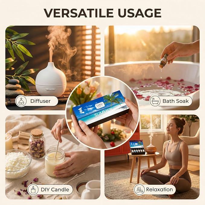 Summer Essential Oils for Diffusers for Home, CAKKI Fragrance Oils Set, Long Lasting, 6X10ml with Coconut, Pina Colada, Aqua Kiss, Bali Island, Strawberry, Aromatherapy Oils, for Candles Making, Gifts