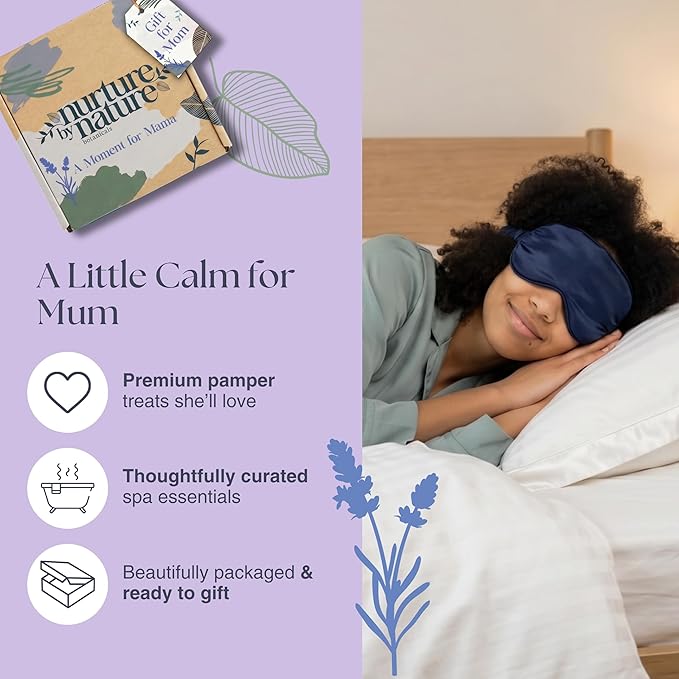 Nurture by Nature New Mom Self Care Gift Set with Body Scrub, Lavender Pillow Spray, Sleep Mask, Body Butter, Shower Gel & Bath Salts - Vegan Friendly - Stocking Stuffer, Baby Shower Gift Basket
