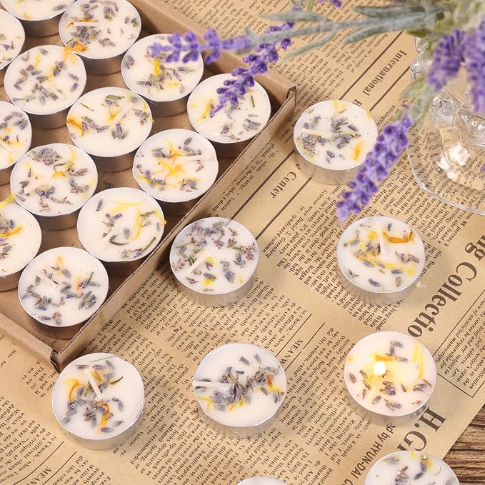 Lavender Scented Tealight Candles 16 Pack - 4-Hour Palm Wax White Tea Lights, Plant Dried Flower Scented Tea Candle (Paraffin-Free), Votive Candles for Home/Yoga/Bath/Meditation