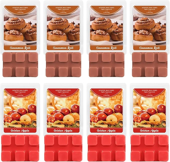 SCENTORINI Wax Melts, Wax Cubes Strong Scent, Summer Scent Candle Wax Tarts 4 Cinnamon Roll & 4 Golden Apple Scented Wax Melts for Warmer, Home Fragrances