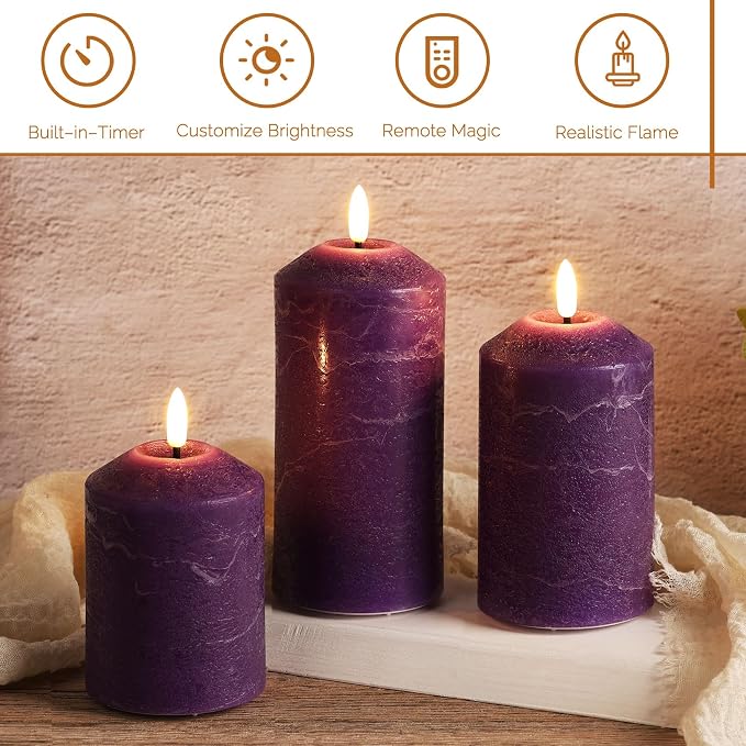 Purple Flameless Pillar Candles with Remote, Real Wax Christmas LED Candles Battery Powered Flickering Set of 3
