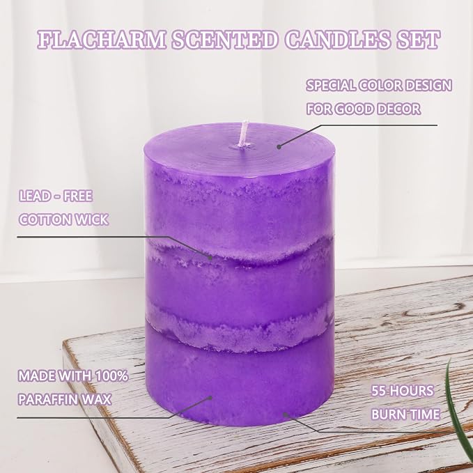 Dark Purple Pillar Candles Lavender Scented Decorative Aesthetic Long Clean Burning Fragrance Candle for Wedding Meditations Modern Home Decor Set of 3
