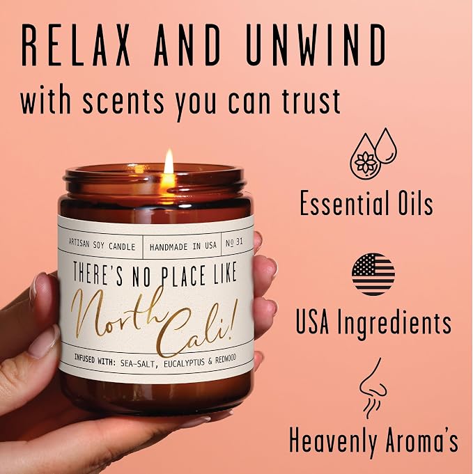 California Gifts, California Decor for Home - 'There's No Place Like North Cali Candle, w/Sea Salt, Sage & Orange I California Souvenirs I California State Gifts I 9oz Jar, 50Hr Burn, USA Made