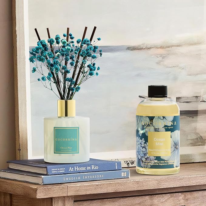 Cocorrína Reed Diffuser Refill Ocean Mist 17oz (500ml) with 8 Sticks - Premium Long-Lasting Scented Oil, Home Fragrance for Bedroom, Bathroom Home Decor