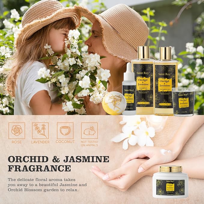 Spa Gift Basket for Women & Men Home Spa Bath Gift Basket, Spa gift set Christmas Gifts, Spa Kit Self-care Gifts, Spa Collection Gift, Orchid Jasmine Bath and Body Gift Pampering Spa Gifts father Day