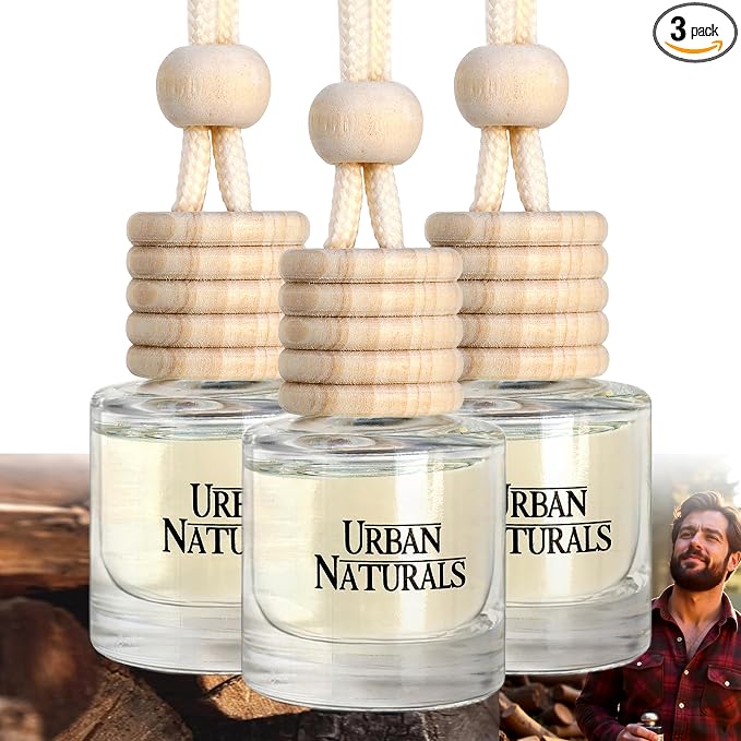 Urban Naturals Car Air Freshener Diffuser 3 Pack - Mahogany Teakwood Scent, 45+ Days Long Lasting Fragrance, Made in USA, Glass & Wood, Hanging Design + Vent Cip, Easy to Use