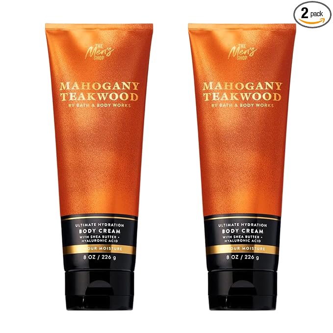 Bath & Body Works Men’s Body Cream, Mahogany Teakwood Scent, Ultimate Hydration Moisturizer with Shea Butter & Hyaluronic Acid for Dry Skin, Warm Woodsy & Masculine Scent, 8 oz - 2 Pack