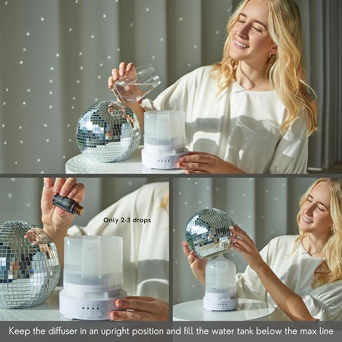 SCANDINORDICA Disco Ball Diffuser Rotating - 300ML Essential Oil Diffuser with Whisper Quiet Operation, 7 Color Night Light & 4 Time Settings | Aromatherapy Diffuser for Large Room Silver