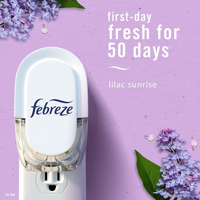 Febreze Plug In Air Freshener, Odor-Fighting Scented Oil Refill, Air Fresheners for Home and Bathroom and Kitchen, Long Lasting for Strong Odors, Lilac Sunrise Scent, 0.87oz Refills, 4 Count