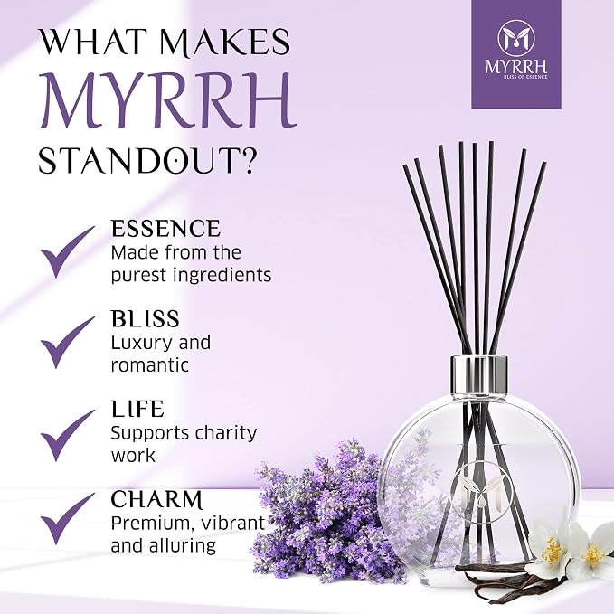 Lavender Blossom Scented Reed Diffuser Set with 8 Rattan Diffuser Sticks, 150 ml, All Natural Air Freshener, Long-Lasting Diffusers at Home - MyrrhUSA