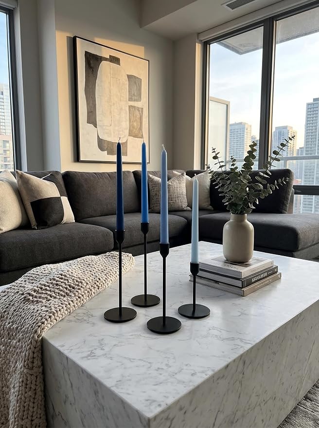 10" Classic Taper Candles, Blue Shades, 4-Pack, 7-8 Hours Long Burning, Unscented Tall Candlesticks