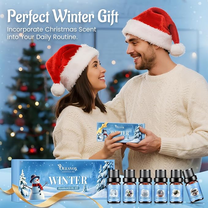 Winter Essential Oils Set, 6 Premium Holiday Fragrance Oil for Diffuser, Candle & Soap Making, Frozen Magic, Winter Wonderland, Hot Cocoa, Frosted Fir, Warm Sweater, Log Fire, Scented Oils for Home