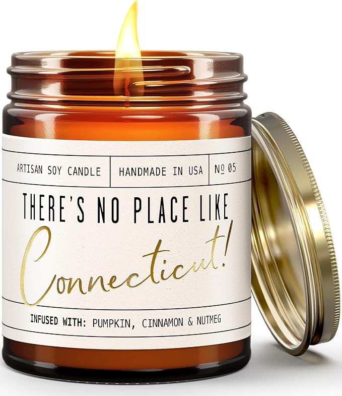 Connecticut Gifts, Connecticut Decor for Home - 'There's No Place Like Connecticut Candle, w/Pumpkin, Cinnamon & Nutmeg I Connecticut Souvenirs I Connecticut State Gifts I 9oz Jar, 50Hr Burn, USA Made