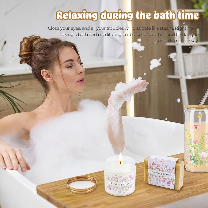 8 PCS Self Care Gifts for Women, Spa Gift Basket Care Package with Blanket, Glass Cup, Candle & Socks, Thinking of You Birthday Relaxation Gifts for Mom Sister Friend Wife Teacher Her