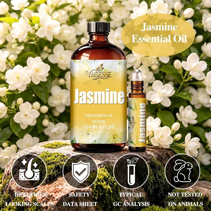 Jasmine Essential Oil, Jasmine Oil 4 Fl Oz 120ml for Diffuser Yoga Soap & Candle Making – with 0.33 Oz Roller Ball & Dropper YHSESSE Essential Oils