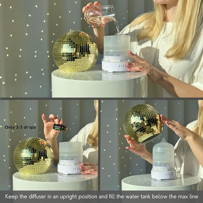 Disco Ball Diffuser Rotating - 300 ML Mirror Ball Oil Diffuser, Essential Oils Diffusers for Home, Novelty Mirrorball Ultrasonic Diffuser for Bedroom | Aromatherapy Diffuser for Large Room Gold