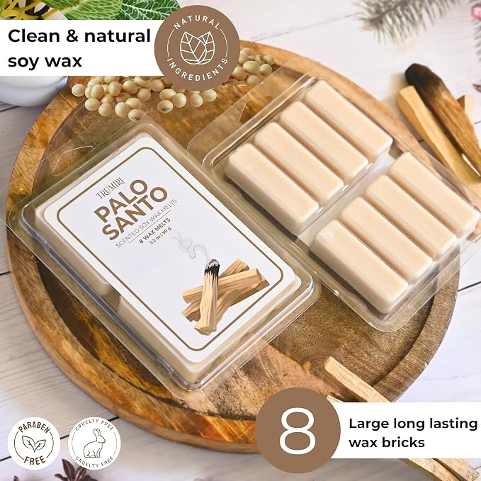 Palo Santo Scented Wax Melts - Made With Non Toxic Soy Wax And Essential Oils - Long Lasting Strong Scent Pet Safe Candle Wax Cubes Tarts For Warmers - For Cleansing Negative Energy And Protection