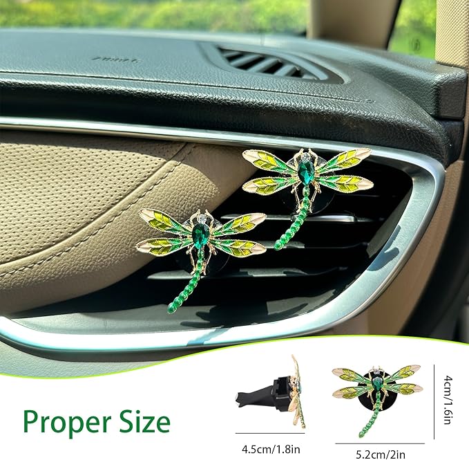 ORIESSE Dragonfly Car Decor,2pcs Bling Dragonfly Air Freshener Vent Clips,Cute Car Accessories,Refillable Car Diffuser, Glamorous Green Decor