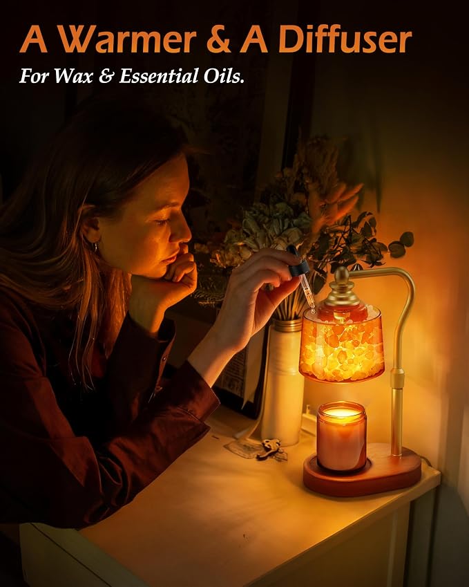 3-in-1 Candle Warmer Lamp with Timer Dimmable, Himalayan Salt Lamp & Passive Diffuser, Gifts for Women, House Warming Gifts, Wax Melt Warmer for Jar Candles (Gold)