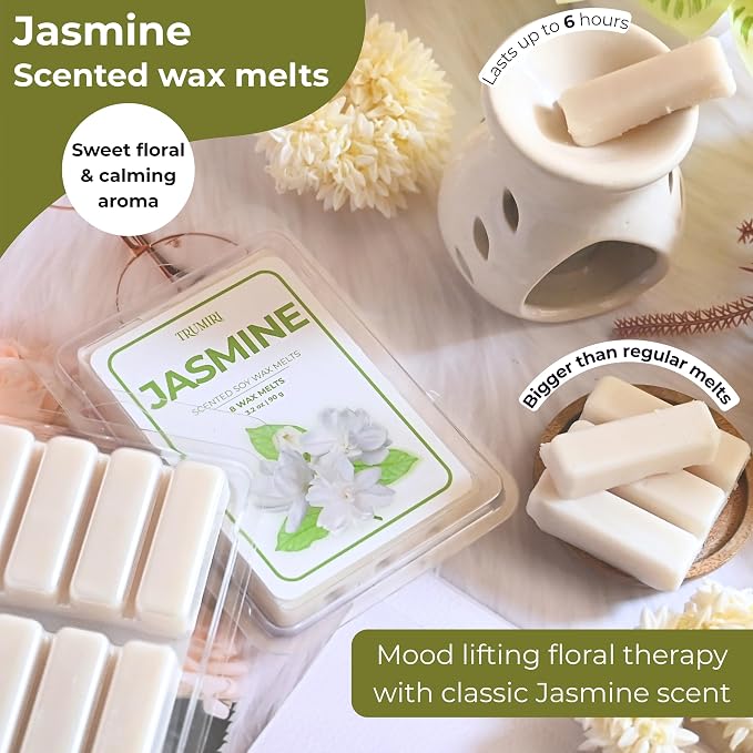 TRUMIRI Jasmine Scented Wax Melts - Made with Non Toxic Soy Wax and Essential Oils - Bulk Pack of 4 Total 32 Wax Melts - Long Lasting Strong Scent Pet Safe Floral Candle Wax Cubes Tarts for Warmers