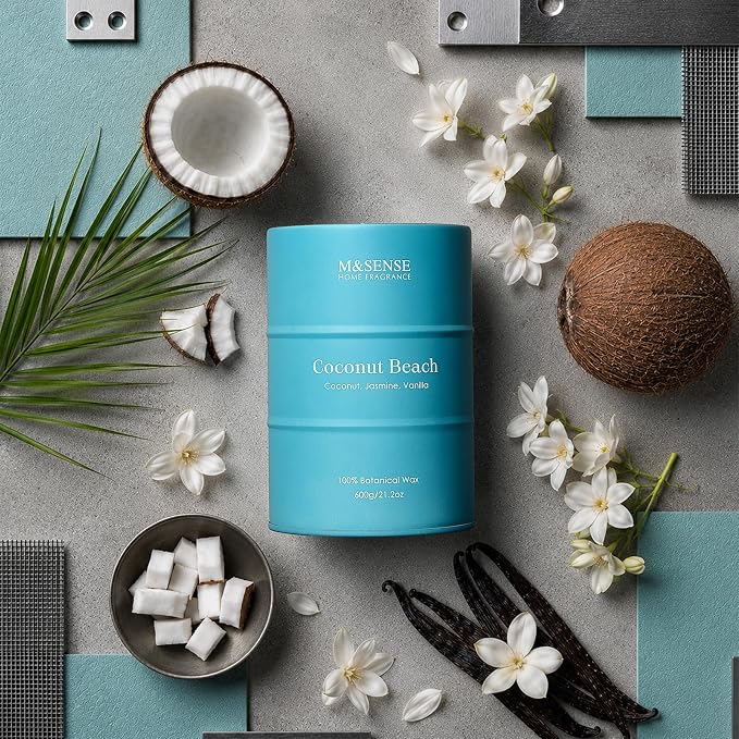 M&SENSE Coconut Beach Scented Candles Beach Soy Candle, Summer Candle for Stress Relief Meditation Relaxing, Housewarming Gifts for Women Men, 11.3oz 70 Hour Long Burning
