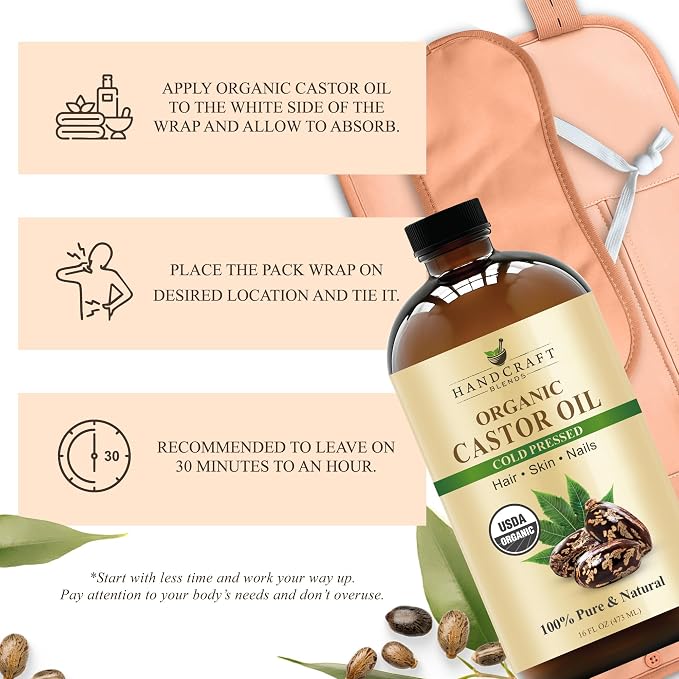 Handcraft Blends Cold-Pressed Organic Castor Oil 16 Fl Oz | Glass Bottle | Roll on Bottle | Reusable Wraps | Durable Comfortable Pack Wraps | Adjustable Elastic Straps | Neck and Stomach