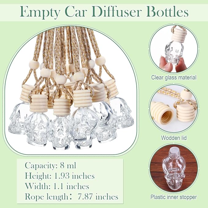 Boao 50 Sets Halloween Skull Hanging Car Air Freshener Diffuser Bottles with 2 x 3.54 Inch Car Diffuser Instructions Cards for Empty Essential Oil Bottles(Black Card,Skull)