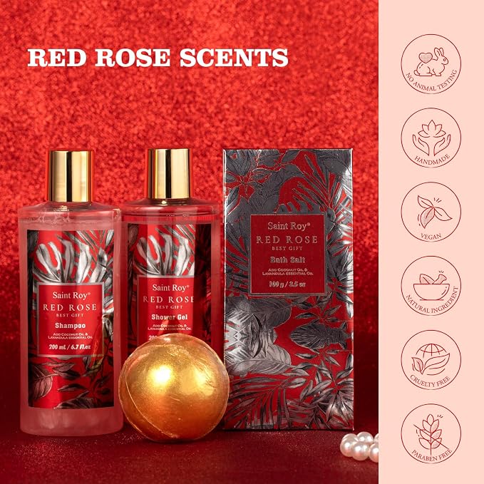 Spa Gift Basket Spa Gift Set For Women, Birthday Gifts for Her, Spa Gift Basket for Women, Red Rose Bath and Body in Floral Scents Bath Kits, Home Spa Gift Basket, Bath Spa Kit for Mothers day Lotion