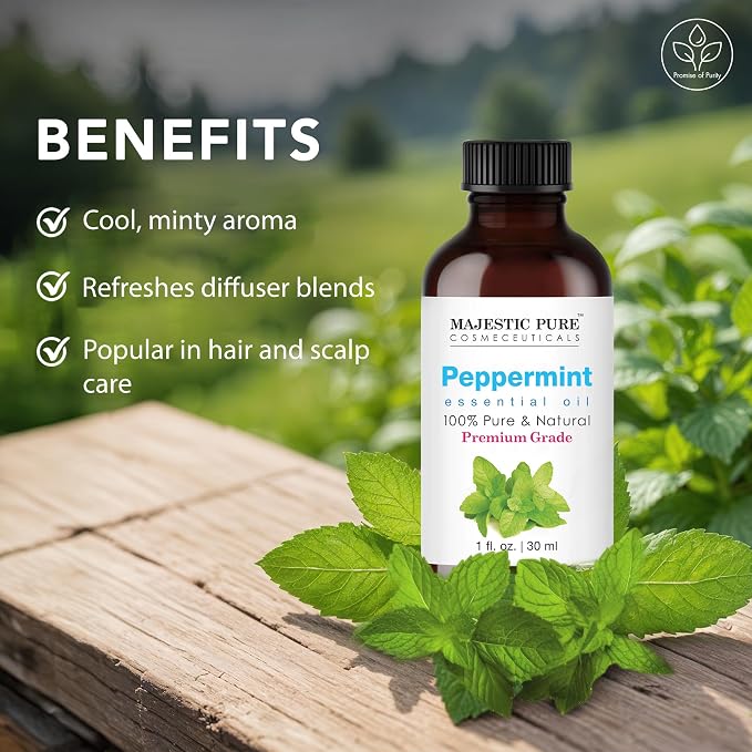 Majestic Pure Essential Oil with Glass Dropper - 100% Pure and Natural - Essential Oils for Diffuser, Aromatherapy, Soap and Candle Making, Peppermint Essential Oil, Peppermint Oil, 1 Fl Oz