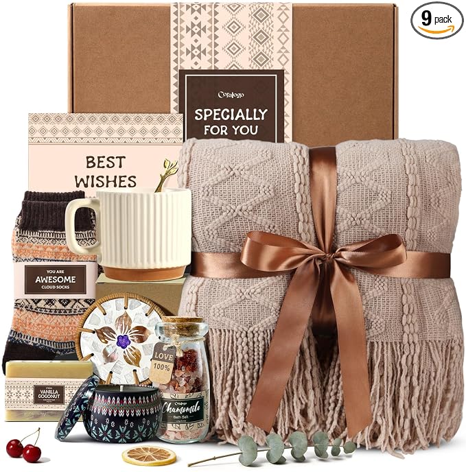 Boho Spa Gift Basket for Women - Unique Bohemian Basket with Soft Blanket, Warm Socks, Blank Card, Boho Gifts for Women, Birthday, Get Well, Self Care, Thinking of You