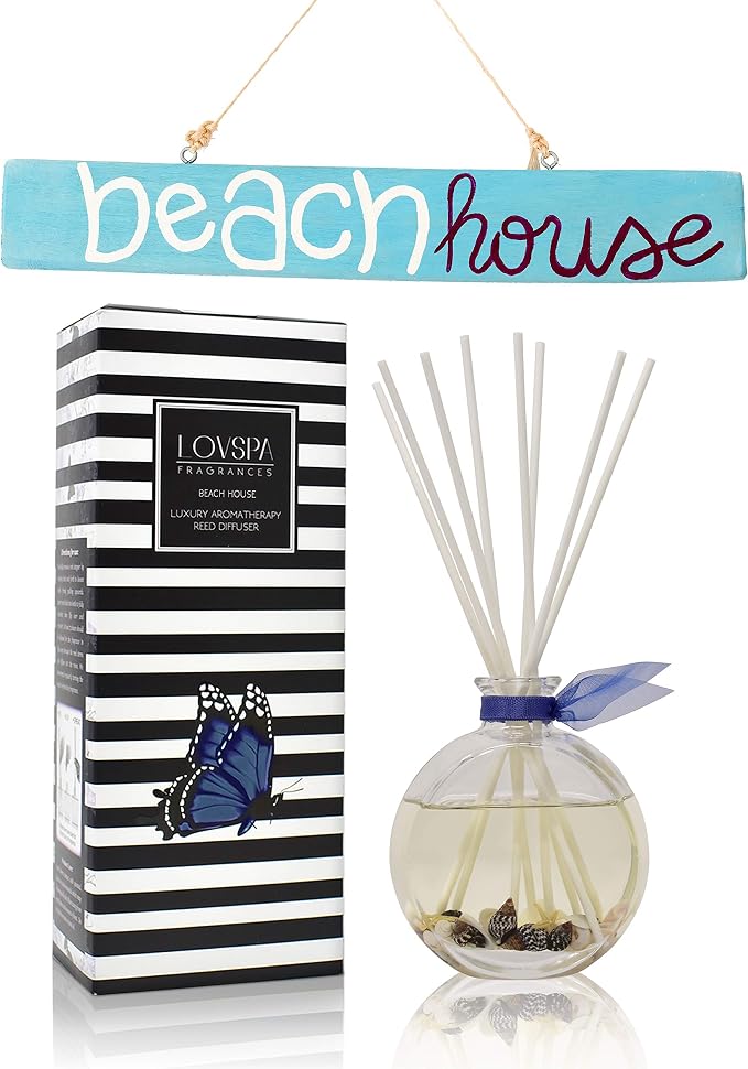 Reed Diffuser Set, Beach House Scented Oil Diffuser with Sticks, Home Fragrance Accessories for Bathroom Shelf Decor, Aroma Diffusers for Home or Office Desk, USA Made