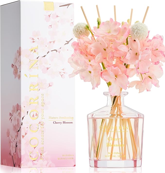COCORRÍNA Reed Diffuser - Cherry Blossom 8.5 Fl.oz Flower Reed Diffuser Set with 8 Sticks, Home Fragrance Reed Diffuser for Home Bedroom Office Bathroom Shelf Decor (Master Collection)