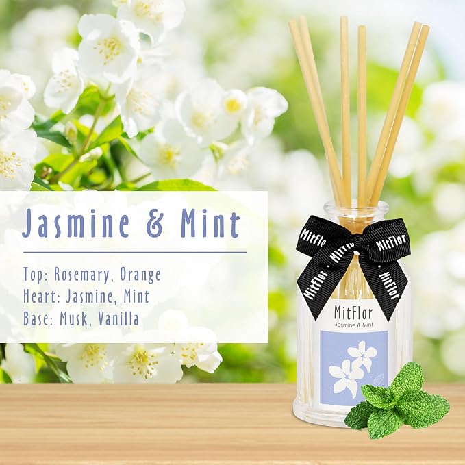 MitFlor Jasmine Mint Reed Diffuser, Inspired by Four Seasons, Hotel Home Diffuser Set with Sticks 3.4oz (100ml), Great for Living Room, Bedroom, Bathroom and More